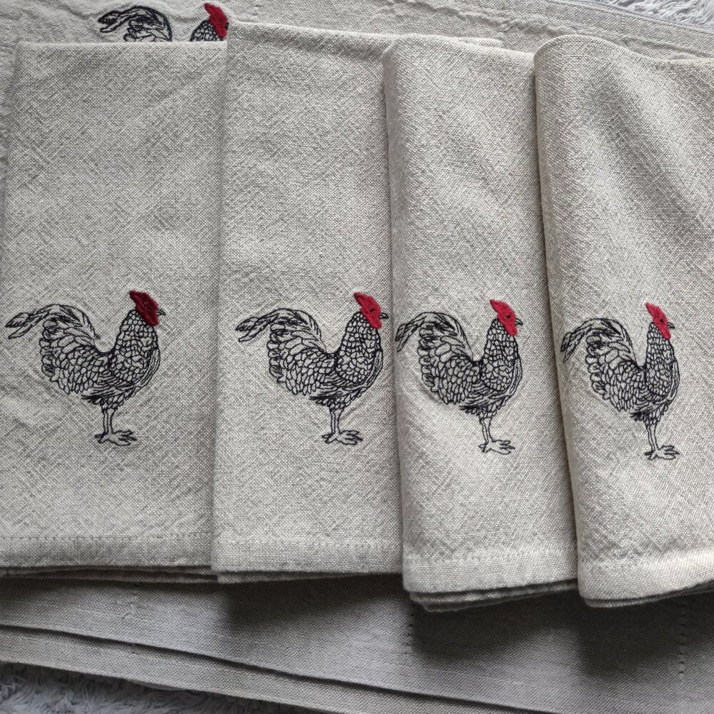 Roosters -Linen Place Mats & Napkins- Set of 4 Taupe